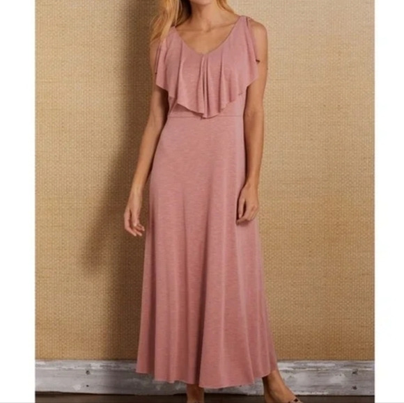 Soft surroundings NWT Roxanna Romantic Pink Flounce Ruffle Vneck Maxi Medium - Picture 1 of 11